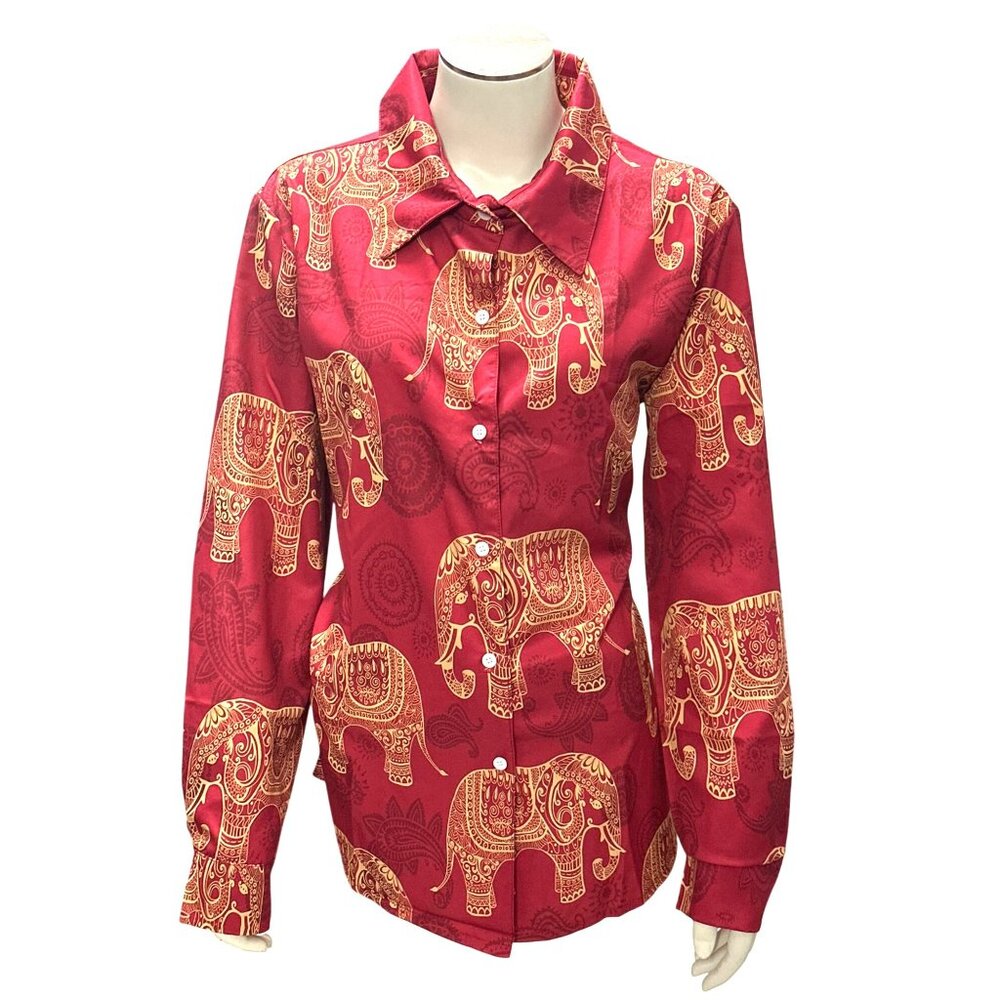 CCC Vintage Red Elephant Print Long Sleeve Button Up Shirt Stylish Travel India